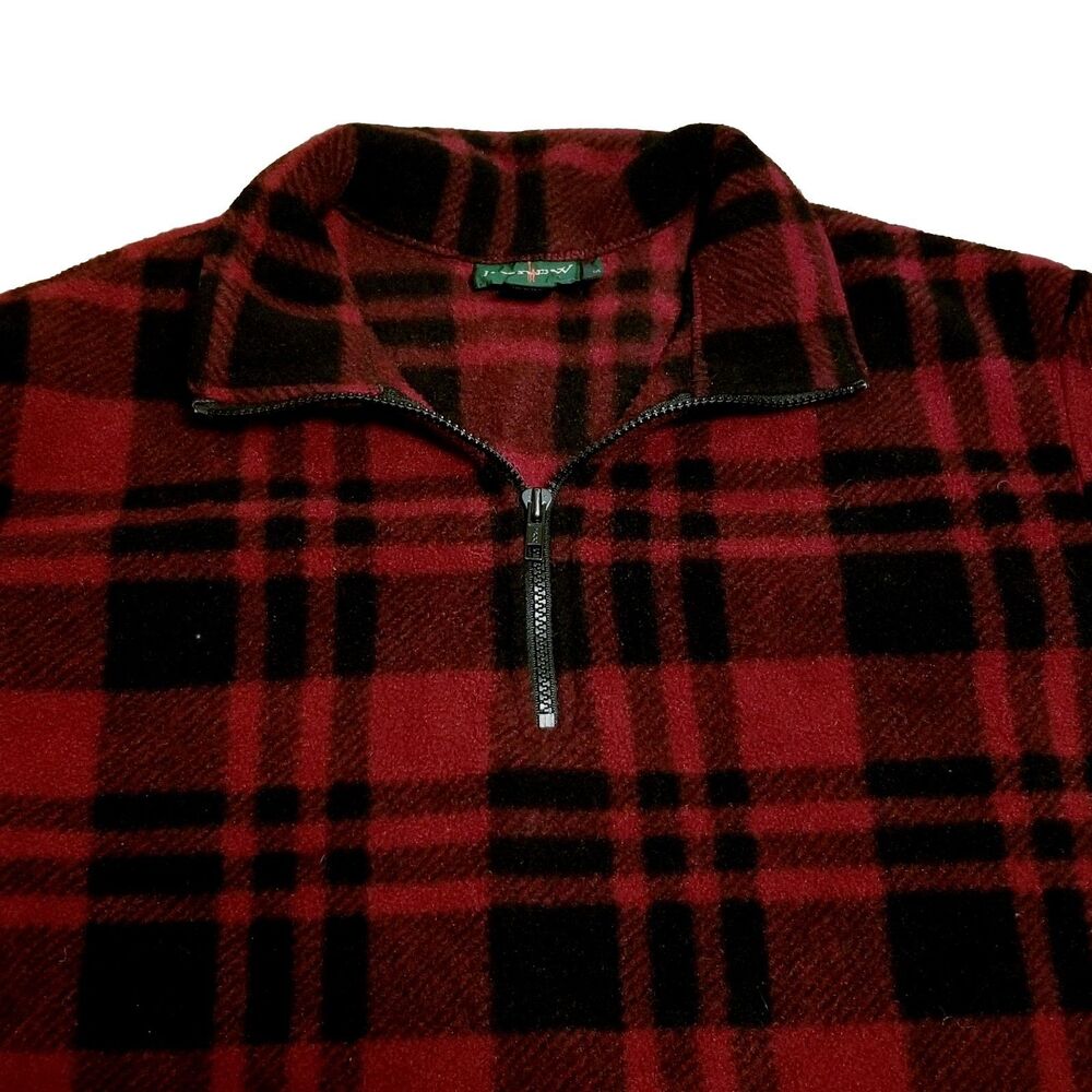 J Crew Fleece Men Size Small Red Black Plaid 1/4 Zip Vintage Jacket Made in USA